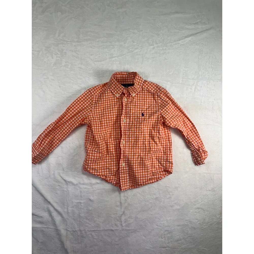 Ralph Lauren Gingham Button Down Shirt 3T Orange White Check Long Sleeve Toddler